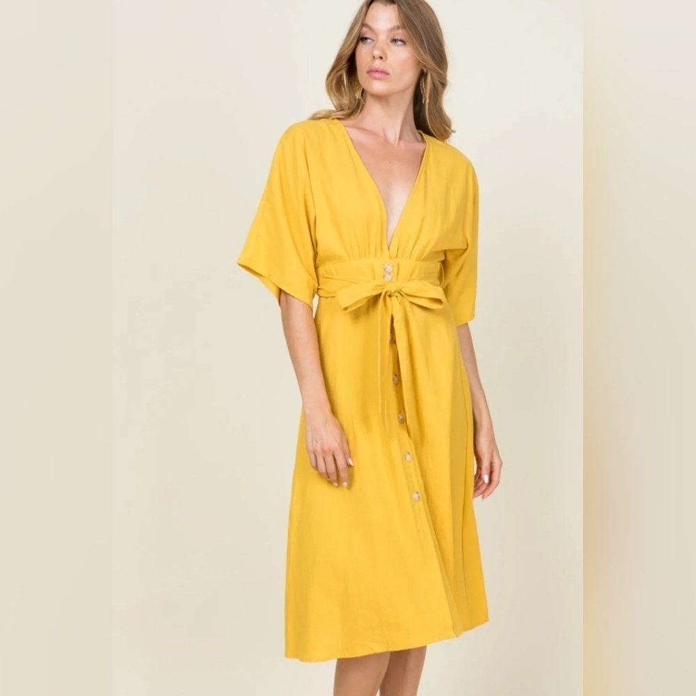 Tie Front Belted Midi Dress Button Down Deep V-Neck S/M/L Rust Orange - Picture 5 of 6
